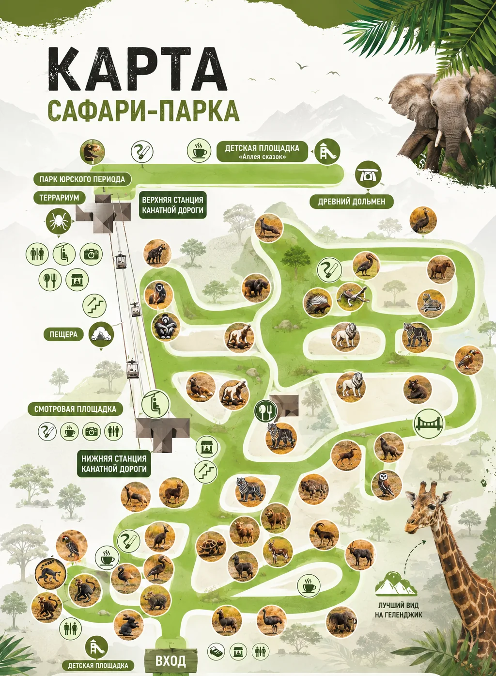 Схема Сафари-парка с вольерами, станциями канатной дороги и удобствами